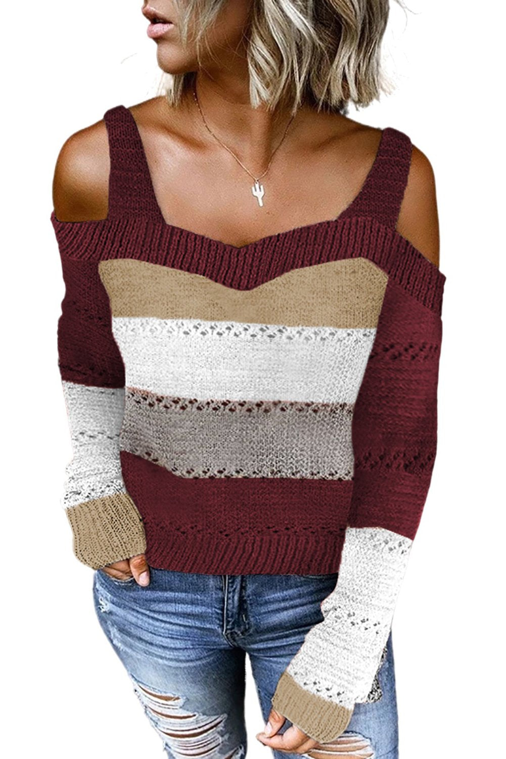 Burgundy Trim Colorblock Stripes Cold Shoulder Hollow-out Sweater