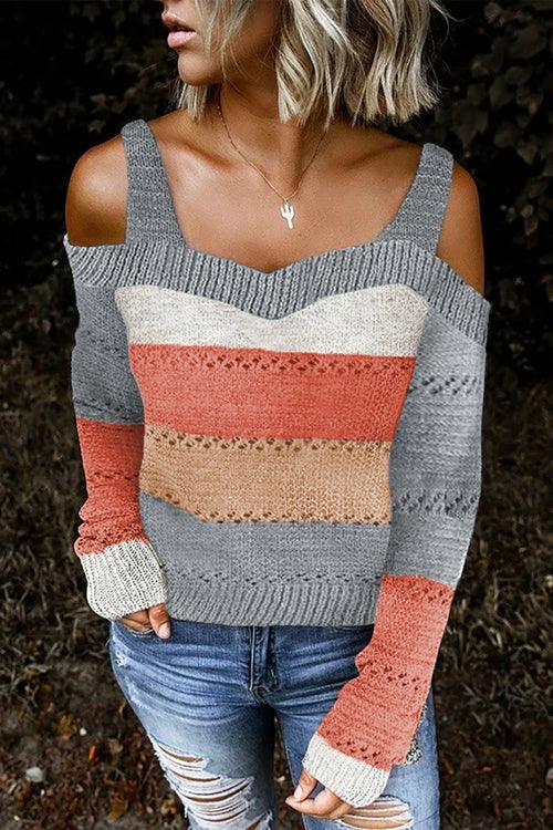 Burgundy Trim Colorblock Stripes Cold Shoulder Hollow-out Sweater