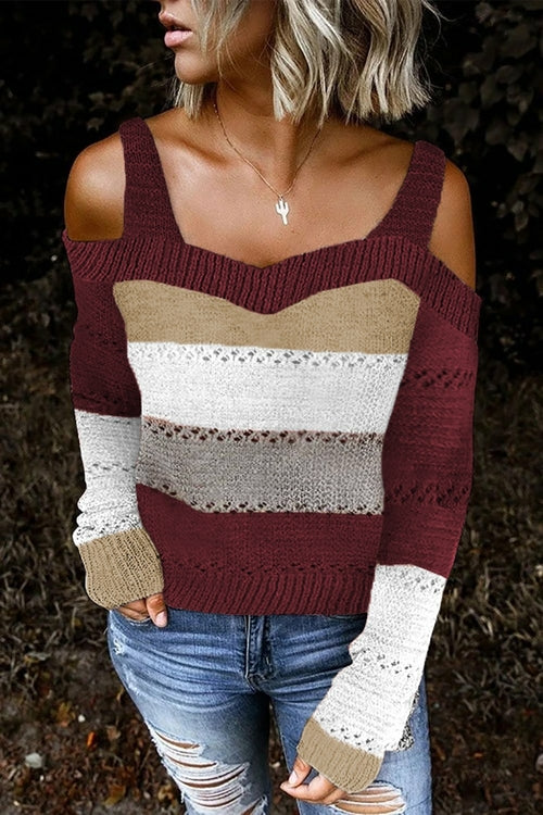 Burgundy Trim Colorblock Stripes Cold Shoulder Hollow-out Sweater