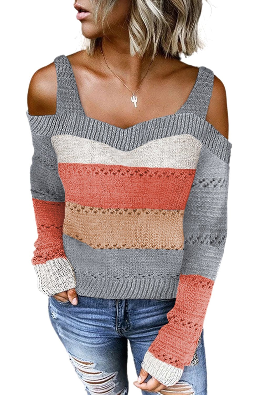 Burgundy Trim Colorblock Stripes Cold Shoulder Hollow-out Sweater