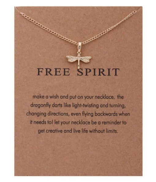Free Spirit Dragonfly Necklace on Card in Gold