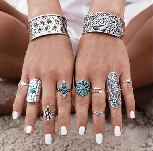 Silver Turquoise Boho Ring Set of 9