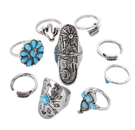 Silver Turquoise Boho Ring Set of 9