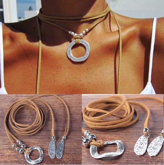 Summer Brown Leather Silver Choker Necklace Wrap