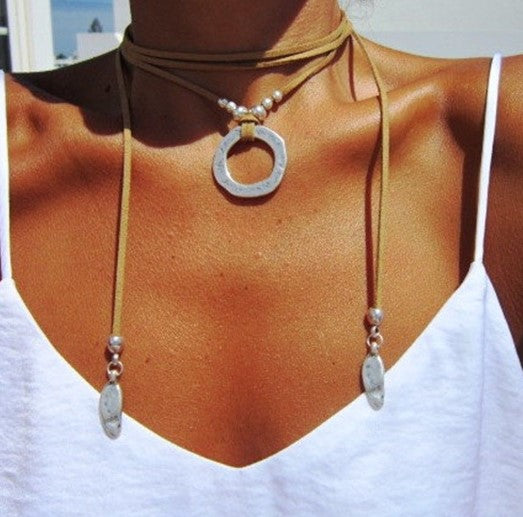 Summer Brown Leather Silver Choker Necklace Wrap