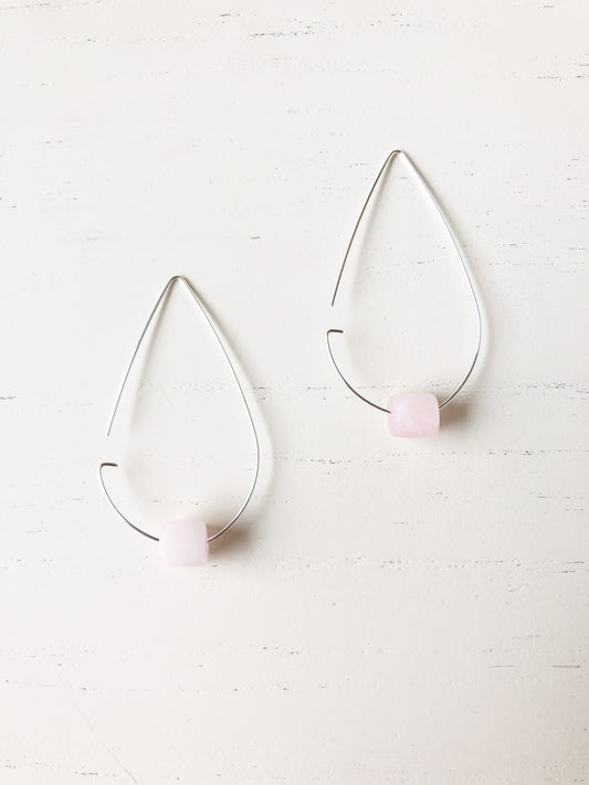 Brass Tear Drop Threader Earrings - Rose Quartz - Silver